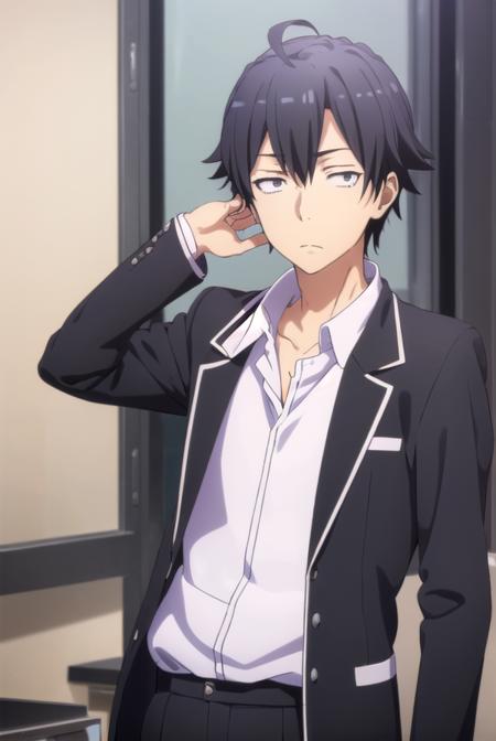 hachimanhikigaya, <lora:hachiman hikigaya s3-lora-nochekaiser:1>,
hachiman hikigaya, black hair, ahoge, male focus, (black eyes:1.5),
BREAK shirt, school uniform, jacket, white shirt, collared shirt, pants, open jacket, black jacket, black pants, blazer, sobu high school uniform,
BREAK indoors, classroom,
BREAK looking at viewer, (cowboy shot:1.5),
BREAK <lyco:GoodHands-beta2:1>, (masterpiece:1.2), best quality, high resolution, unity 8k wallpaper, (illustration:0.8), (beautiful detailed eyes:1.6), extremely detailed face, perfect lighting, extremely detailed CG, (perfect hands, perfect anatomy),