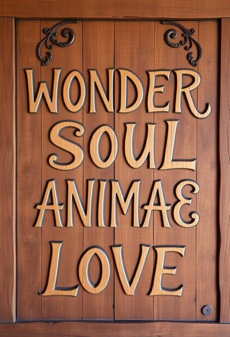 A large, rustic wooden sign with an ancient, weathered appearance, carved with intricate details and sublime craftsmanship. The wood texture is aged with subtle cracks and rich grains, evoking a sense of timelessness. The letters are hand-written in a flowing, elegant script across four lines. The words are beautifully arranged as: ‘WONDER,’ ‘SOUL,’ ‘ANIMAE,’ and ‘LOVE.’ The hand-lettered font gives off a feeling of something sacred and meaningful, blending naturally with the ancient, mystical quality of the sign, as though it has existed for centuries