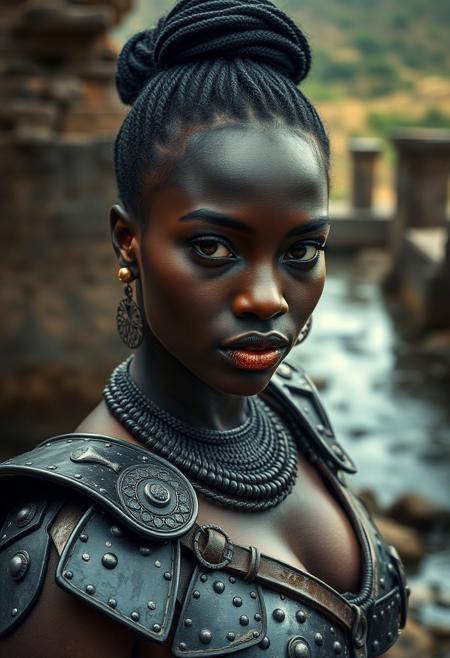 Stable_Yogis_PDXL_Positives  
medium shot of a sexy beautiful  african female warrior,  Glitter cut crease with bold lips makeup style , bun hairstyle , black coal hair_color , bones ear climbers ,  wearing iron armour,  ancient ruins on the edge of a river , shot with Canon PowerShot G7 X Mark III Compact camera,  light_particles, cinematic, dynamic_angle, depth_of_field, bokeh, HDR, 8K, RAW, best_quality, top_quality, hyperrealistic, photorealistic, ultra_detail, ultra_realistic, masterpiece, hi-res, absurd_res, high_quality_photography, source_photo, highly_detailed, very_aesthetic, beautiful, realistic, real_life.