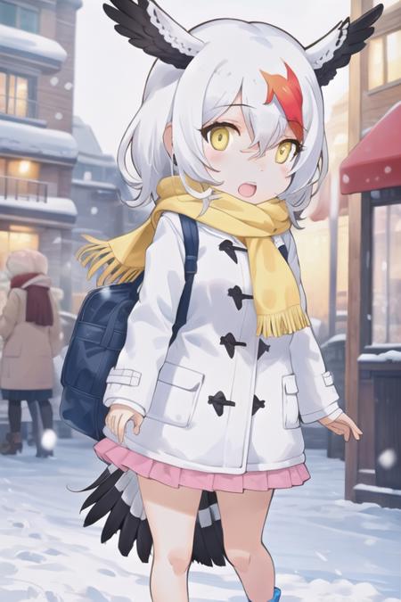 masterpiece, best quality, <lyco:KemonoFriends:1>,yoshizaki,1girl,white hair, yellow eyes, bird tail, head wings,white coat, frilled skirt, yellow sweater,print scarf,open mouth, outdoors,snowing,