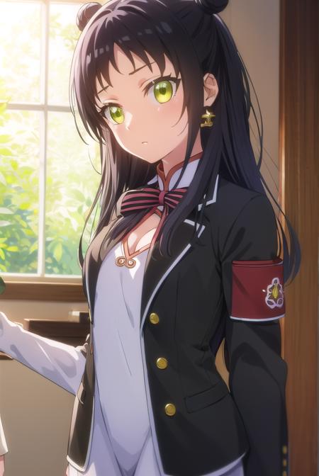 teriawang, <lora:teria wang s1-lora-nochekaiser:1>,
teria wang, long hair, black hair, (green eyes:1.3), hair bun, double bun,
BREAK dress, earrings, chinese clothes, armband, bow, school uniform, jacket, striped, white dress,
BREAK indoors, classroom,
BREAK looking at viewer, (cowboy shot:1.5),
BREAK <lyco:GoodHands-beta2:1>, (masterpiece:1.2), best quality, high resolution, unity 8k wallpaper, (illustration:0.8), (beautiful detailed eyes:1.6), extremely detailed face, perfect lighting, extremely detailed CG, (perfect hands, perfect anatomy),