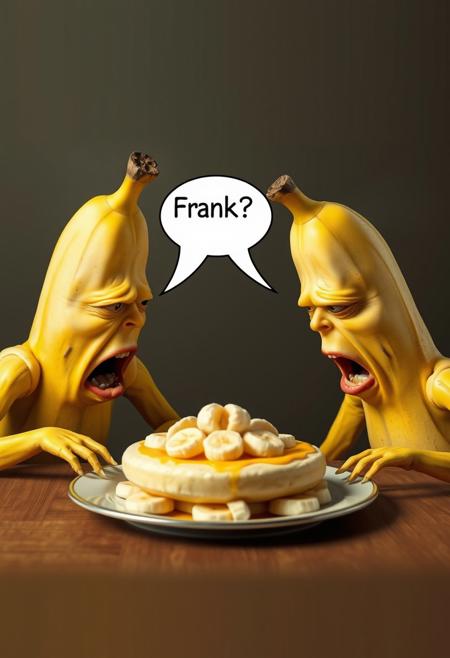 Create a hyper-realistic, hyper-detailed image of two bananas sitting at a table, their faces contorted in horror as they gaze at a banana split in the center. One banana says "Frank?!" in a speech bubble. The bananas are rendered in exquisite detail, with subtle texture and shading that conveys their emotional distress. Style: hyper-realistic, comedic, surreal. Colors: yellow, creamy white, and a hint of green. Highest-Quality, 4k, Masterpiece