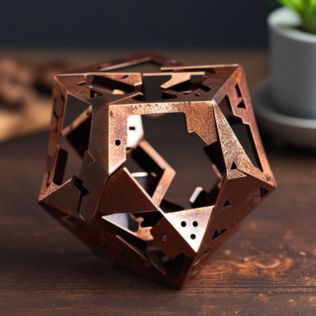 cinematic photo geometrical platonic solid design (metal puzzle device:1.2), on wooden table, simple background, pbr texture, grit, stains, rust <lora:Grit-SDXL:1.5> . 35mm photograph, film, bokeh, professional, 4k, highly detailed