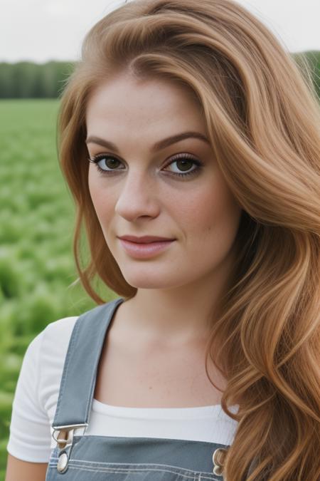 photography of an closeup portrait woman, realistic <lora:FayeReagan2:1>  wearing overalls white shirt on farm, vibrant colors