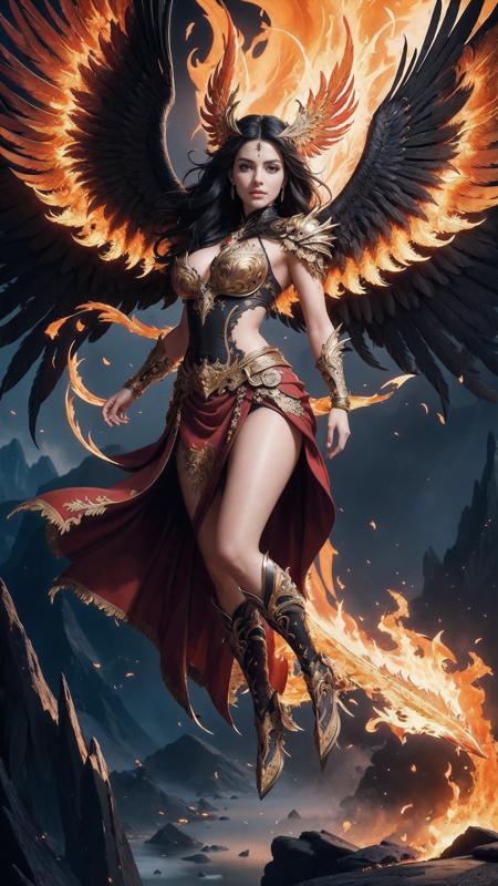 (fantasy style:1.2), (high quality:1.3), (best quality:1.3), (masterpiece:1.3), official art, official wallpaper, 4k textures, (epic:1.1), (phoenix woman), black phoenix, black hair, (detailed feathers), (fiery wings), phoenix armor, emblematic pose, mid flight, (detailed plumage), glowing effects, fire, flames, dramatic lighting, fire and ice contrast, (detailed:1.05), (extremely detailed:1.06), sharp focus, flaming scenery, (intricate:1.03), (extremely intricate:1.04), (epic scenery:1.05), soothing tones, hdr, (beautiful scenery:1.08), (detailed scenery:1.08), (intricate scenery:1.07), (wonderful scenery:1.05), (beautiful face:1.1), [perfect eyes:0.8], [perfect skin:0.8], [detailed face:0.8], [detailed eyes:0.8], [detailed hair:0.9], [detailed lips:0.8],