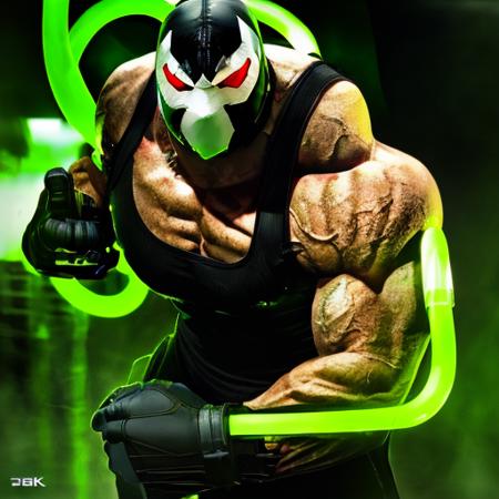 black white mask, green thick veins, green glowing tubes on arm and head, extremely large muscular man, red glowing eyes, gloves, black tank top, pants, boots, armor