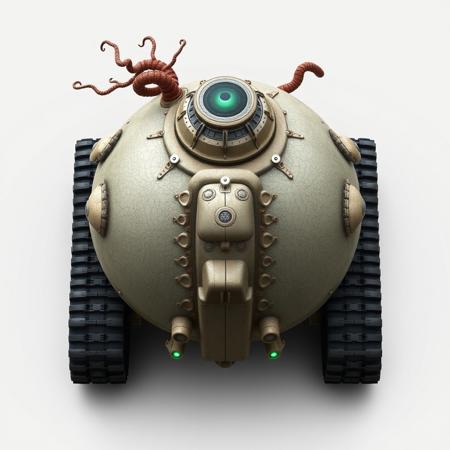 ((top view)), (tank),
Rounded, bulbous tank with a domed top and tendril-like tubing extending from the rear.
Chassis: Organic-looking armor with fibrous patterns, resembling a beetle shell fused with industrial plating.
Tracks: Triple tread system with rear-central primary and side treads slightly elevated for climbing.
Details: Rear-mounted bio-reactor with visible growth nodules. Tank "breathes" slightly — subtle expansion and contraction of plating.
Lights: Soft green glow from vent seams. Pupil-like lens under turret dome pulses rhythmically.