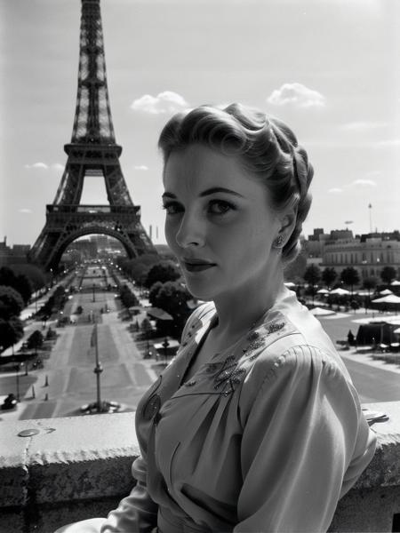 <lyco:Joan Fontaine-v1.0:1> portrait of beautiful Joan Fontaine, eifel tower in the background, realistic, film grain, sharp, bokeh, uhd, movie screenshot, side view