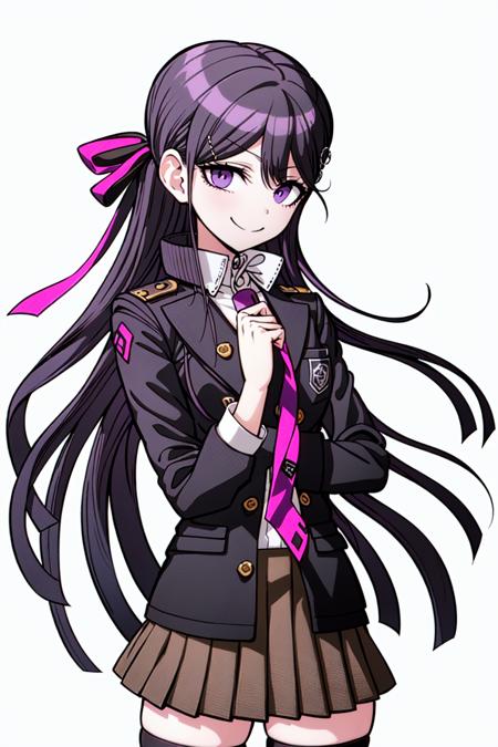 (masterpiece), (extremely detailed CG unity 8k wallpaper), (an extremely delicate and beautiful), (1girl:1.3), solo, (perfect front view:1.3), ((ultra-detailed)), illustration, hair between eyes,floating, finely detail, (upper body), (looking_at_viewer:1.2), (danganronpa (style)), (danganronpa (style):1.4),((black military uniform)), ((black trench coat)), black pants, (closed jacket), ((black_thighhighs)), (purple hair:1.5), (purple eyes:1.2), (hair ribbon),(straight hair:1.4), (light smile face:1.5), (courtroom), standing,(simple background:1.4), standing cg, game cg, perfect hands, arms beihind back, <lora:last:0.7>