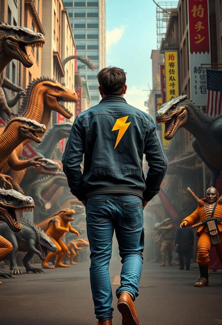 the back view of a man with jeans and a jacket with a yellow bolt logo with his hands in his pocket walking in a crazy street 
in the middle of monsters, dinosaurs, samurais, robots, fantasy characters and movie characters