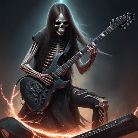 little girl playing electric guitar, death metal band, hyper-detailed illustration concept art, masterpiece