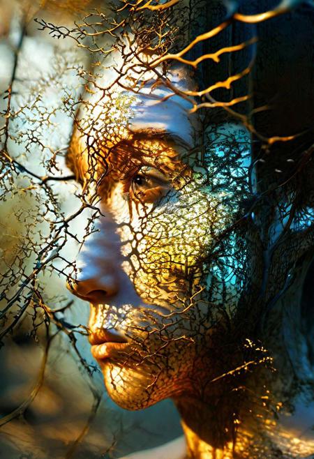 Fractalvines, A portrait of a human face, its features dissolving into a tapestry of fractalvines, revealing the interconnectedness of nature and humanity. <lora:Fractal_Vines:1>  <lora:EnvyBetterHiresFixXL01:0:hr=1>