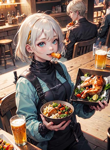 (masterpiece:1.2, best quality), (real picture, intricate details), raytracing, detailed face, extremely detailed CG unity 8k wallpaper, 1girl, white hair, dynamic angle, smile , golden eye , eating , foods , big roast chicken , drool , beer