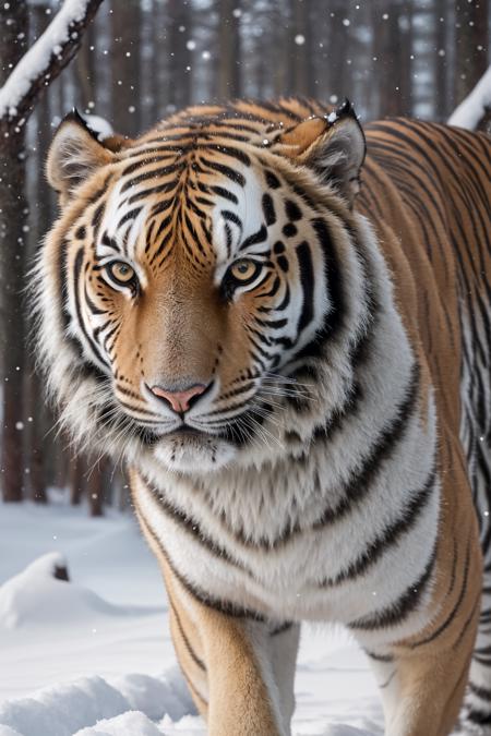 A majestic Siberian tiger walking through a quiet snowy forest, visible breath in the cold air, detailed fur, golden eyes looking directly at the camera, snowflakes caught on its whiskers, shallow depth of field, ultra-realistic animal portrait, Canon EOS R5, National Geographic level