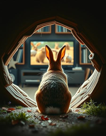 A rabbit sits in its hole and watches TV, view from the back
