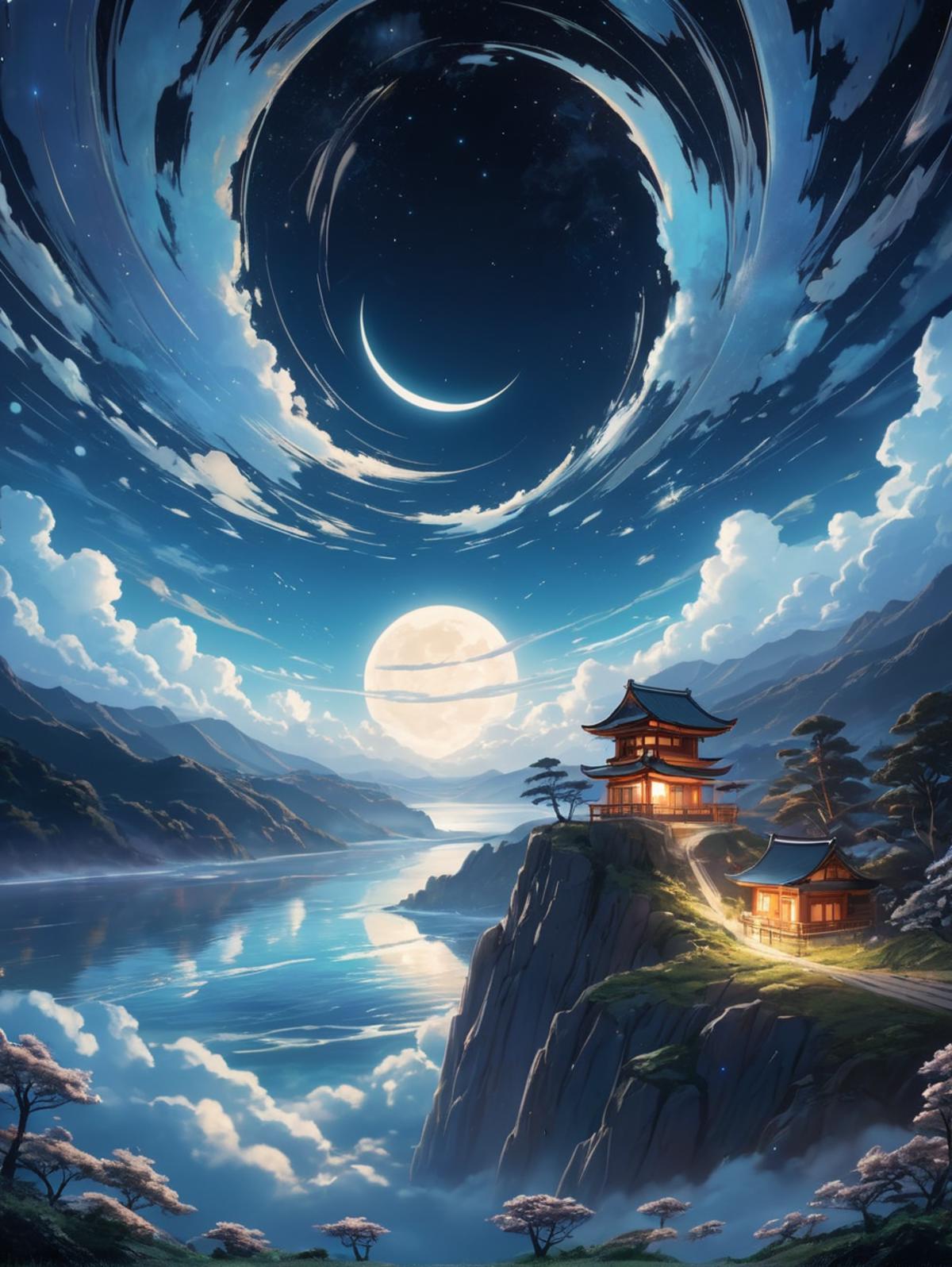 A painting of a serene mountain landscape with a large moon, a small house, and a Chinese-style pagoda.