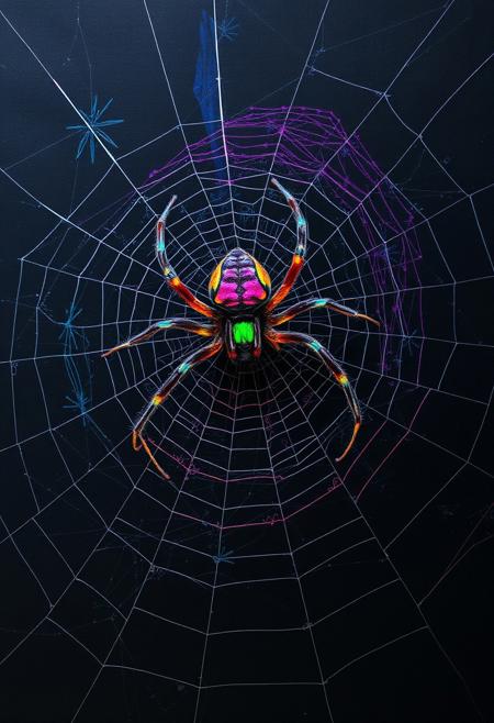 A hauntingly beautiful image of a dark, scratch art background, with a spider spinning its web, like a master of macabre manipulation. The spider, a vibrant, multicolored creature, seems to glow with an otherworldly light, its eyes gleaming with a malevolent intensity. The web, a intricate, swirling vortex of color, seems to pulse with a creepy, crawly energy, as if it's alive and waiting to snare its prey. The scratch art, a textured, layered effect, creates a sense of depth and dimensionality, as if the viewer is gazing into a dark, mystical realm. The dark, ink background provides a striking contrast to the vibrant, multicolored spider and web, creating a sense of drama and tension. The overall effect is one of eerie, Halloween magic, as if the viewer is witnessing a supernatural, arachnid spectacle. highest-Quality, intricate details, visually stunning, Masterpiece