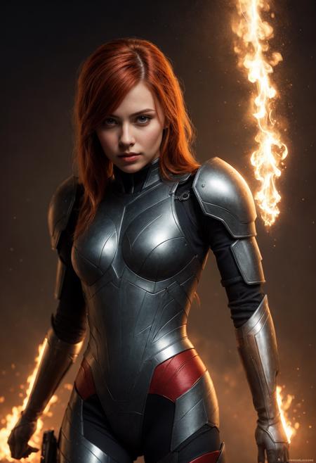 masterpiece, best quality, cute woman, sci-fi armor with black and red colors, glowing elements, redhair