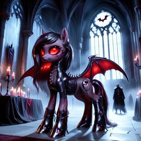 Horror-themed  <lora:Dark-Cute-Ponies:1> drkpny, <lora:420Futurism:0.7> 420futurism, cute futuristic pony, ultra-realistic, full-body shot of a vampiric pony, sleek obsidian-black coat shimmering under the crimson moonlight, glowing blood-red eyes piercing the darkness, elegant bat-like wings with intricate veins pulsing with eldritch energy, standing in the grand halls of a haunted vampiric castle, towering gothic spires reaching into the stormy midnight sky, ancient stone walls covered in arcane symbols glowing faintly, eerie candlelight flickering across deep velvet drapes, masterpiece, highly detailed, ultra resolution, soft mist swirling around hooves, massive stained-glass windows depicting forgotten vampiric deities, spectral figures lurking in the shadows, looking directly at the viewer, intricate silver-plated armor reflecting the dim torchlight, deep cinematic lighting enhancing the ghostly atmosphere. . Eerie, unsettling, dark, spooky, suspenseful, grim, highly detailed