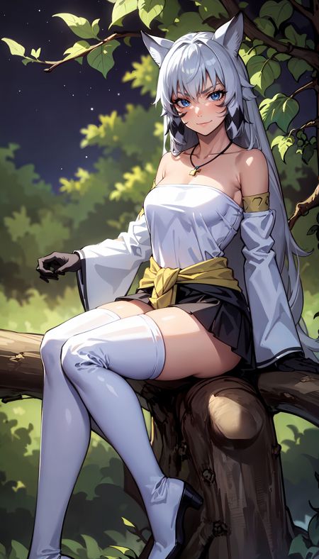 white shirt long hair gray hair cat ears blue eyes necklace yellow waist cape detached sleeves face markings black miniskirt (white thighhighs:1.3) cat tail black gloves