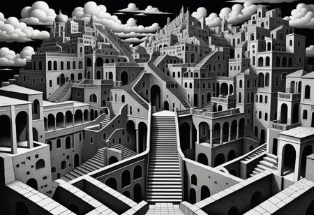 Centered, Incredibly Detailed Accurate Picture Of a mind-bending landscape of impossible geometry and staircases, where reality seems to have a life of its own, as if drawn from the works of M.C. Escher