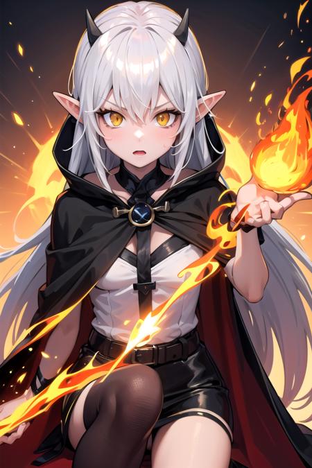 salvos salvos, 1girl, silver hair, yellow eyes, horns