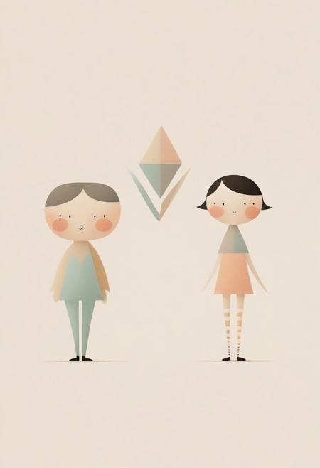 WhiteMold, 
Whimsical vintage characters with geometric purity, soft pastel colors. Soft expressive brushwork blends with clean modernist forms. Warm nostalgic and muted neutral color palettes, balanced composition, gentle and soothing, adorable and cute, charming features.