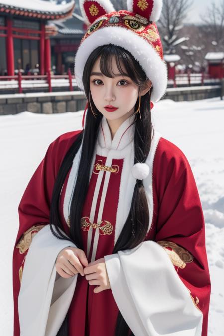 ltra-detailed,highly detailed,best quality,masterpiece,illustration,realistic,photorealistic,
hutoumao, 1girl, solo, 
animal hat,pom pom \(clothes\),red clothes, hanfu,china dress,chinese clothes, winter clothes, 
very long hair, parted bangs,
looking at viewer, 
outdoors, winter,snow, 
 <lora:hutoumao_v1_02:0.7>