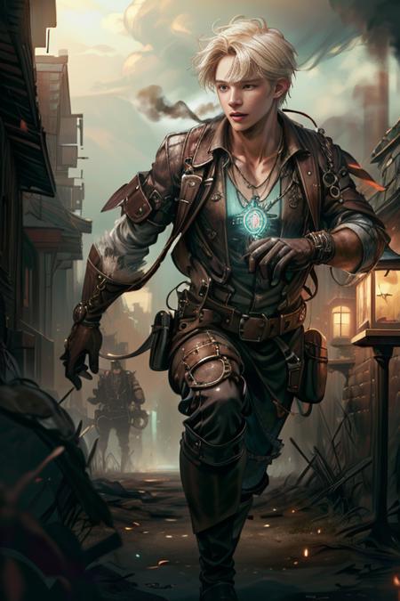 (Absurdres, Intricate Details, Masterpiece, Best Quality, High Resolution, 8k), 1 male, , mature, aged up, freckles, finely detailed eyes and face, platinum blonde short hair hair, light blue eyes,  solo, half shot, detailed background, detailed face, (<lora:PunkBundleAI:0.4>, steampunkai, steampunk theme:1.1), adventurer, running, dynamic pose,  tattered frayed leather clothes, shirt,  artifact amulet, rope, holster,   gloves, (leather pouches:0.4), lantern, (derelict:0.7) dark dungeon background,  moss,  dust,  dark cinematic atmosphere,   dim light, mist, <lora:GlowingRunesAIV6:0.6>, GlowingRunesAIV2_red, glowing runes, Depth of Field, VFX.