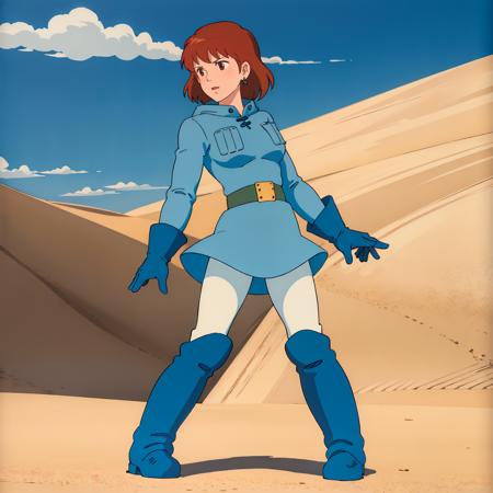 <lora:Nausicaa001:0.7>,
Nausicaa,1girl,
blue jacket,hood,hood down,belt,blue skirt,blue gloves,white_pantyhose,boots,
full body,
desert,