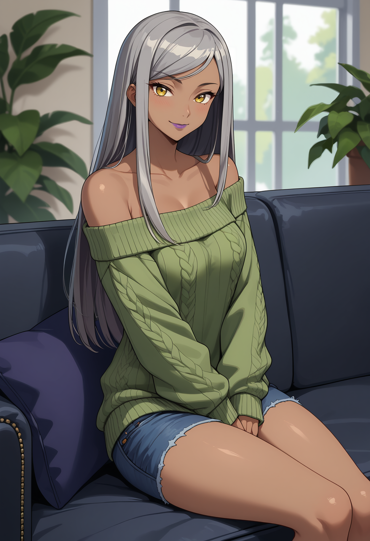 A smiling woman with long silver hair and golden-yellow eyes. She is wearing an oversized, off-shoulder, green knit sweater, paired with short, frayed denim shorts. She is seated on a dark blue couch with a blue cushion, and in the background there is a large window through which blurred green foliage can be seen, along with two potted plants on either side of the window.