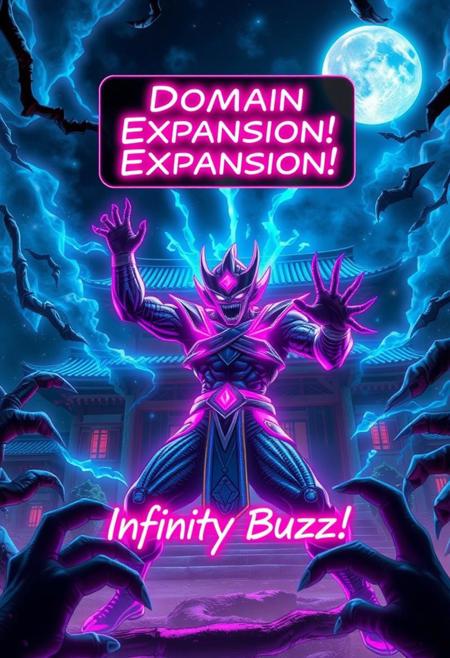 Ultra realistic. Gojo Satoru in his domain expansion realese pose ready to unleash his power,surrounded by a celetial aura of power and curse energy,  in front of a japanese temple under a full moon night,surounded by evil curses ready to claw away at him to end his life, yelling "Domain Expansion! Infinity Buzz! " text in neon purpure letters inside a text balloon