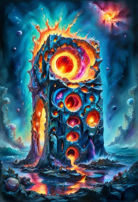 watercolor painting, Surreal, masterpiece, Oceans of molten metal. Space. torn stars and galaxies.  cosmic rivers. Destruction.  Skeletal structures. towers. distorted reality. black hole. Gods. surreal. ultra quality , 8k, best quality, textural, artistic, midjourneyv6.1, cube, surr, cube impression, vivid color, Colorful Chaos Cracks and Drops, psychedelicv2lora, colorful, psychvibes artstyle, abstract, scenery
