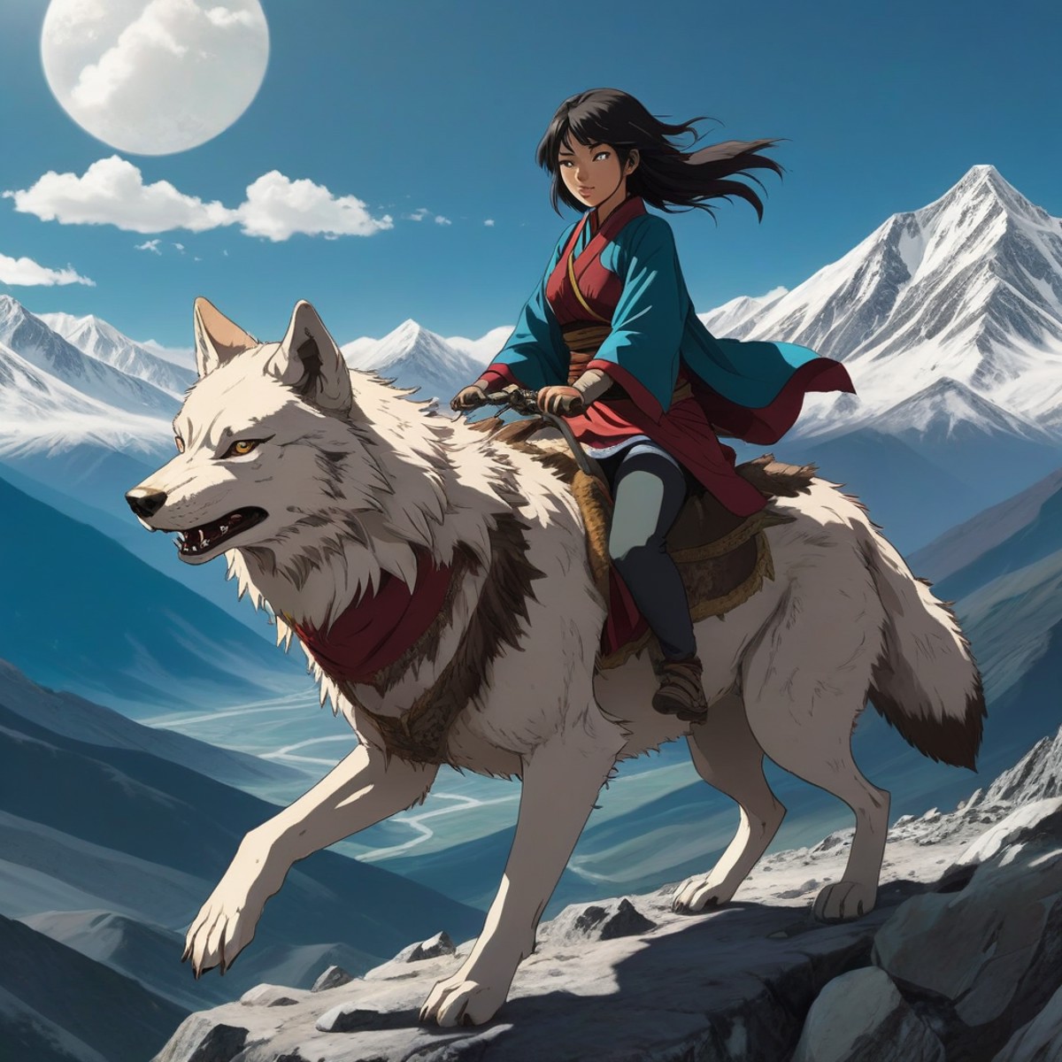 anime shot of a woman riding a wolf on tibetan mountains