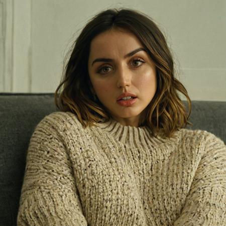 A cinematic professional photo of Ana de Armas sitting on couch, wearing a sweater, with a serious look, with mouth closed, portrait, HD, 4K, high definition, detailed <lora:ana_xl_8dim-000012:1>