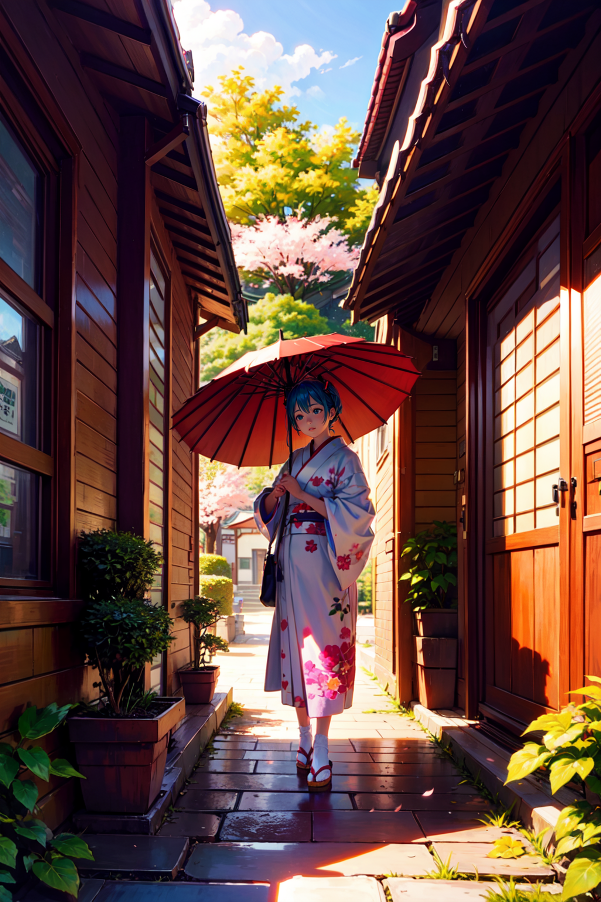 1girl, hatsune miku, architecture, cherry blossoms, east asian architecture, evening, japan, japanese clothes, kimono, oil...