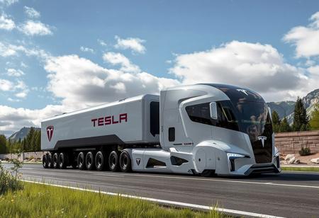 plants, trees, surrounded by trees and mountains in the background. the sky is blue with some clouds., yfg-r1gs a white tesla semi truck driving down a road with mountains in the background. the truck is surrounded by lush green grass and the sky is filled with white, with a logo on the vehicle and a cloudy sky in the background. the trailer has 8 sets of axles., yfg-r1gs a futuristic bus driving down a road with a futuristic design, surrounded by rocks and trees. the truck is part of the gmc black widow concept, with a wall in the background and a clear blue sky above., with a starry sky above.