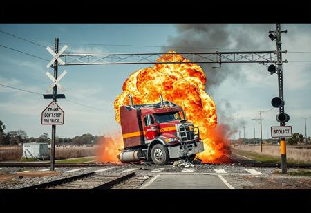 A railway crossing, a truck got stuck on the crossing, a freighttrain colliding with the truck, breaking the truck in thousand pieces, the train and the truck go up in a big explosion. A sign reads : "Trains don't stop for trucks....".