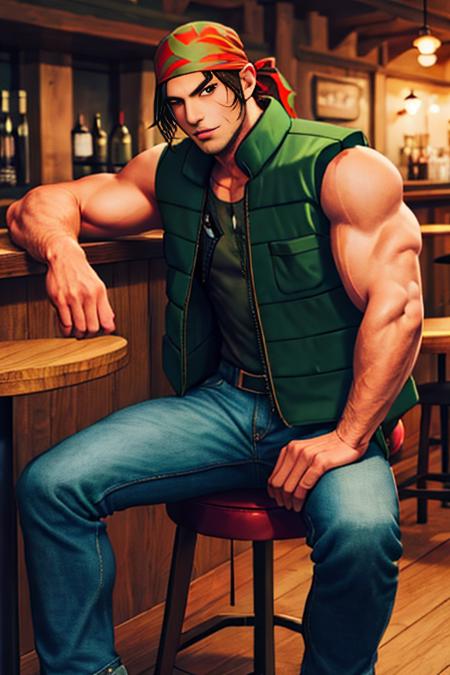 RalfKOF,  1guy, detailed eyes, open eyes, a handsome man sitting in the pub, full body,mature male,,  red bandana, ((green vest:1.2)), denim pants, sleevless t-shirt, ammunition,  (best quality, masterpiece, ultra detailed:1.2) <lora:RalfKOF2:0.95>,