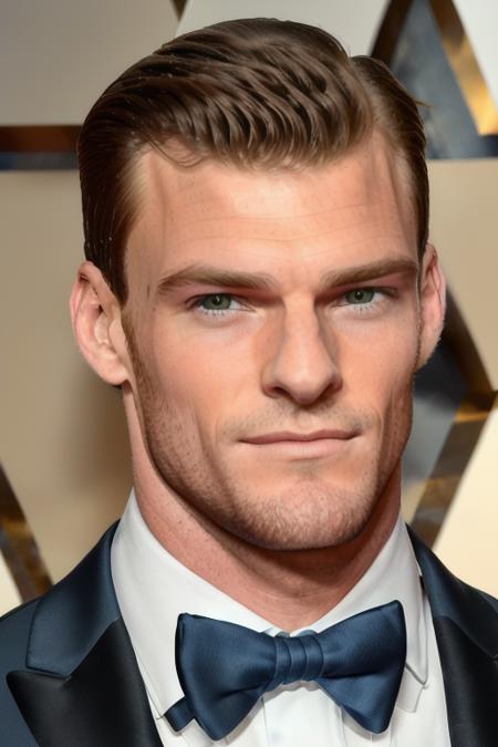 a tall muscular man, at the oscars, crowded, people in the background, dark beige suit, (close up, head shot), [smiling], candid, amateur, (raw, 8k, uhd, fujifilm xt3), sharp, <lora:alanRitchson:1>