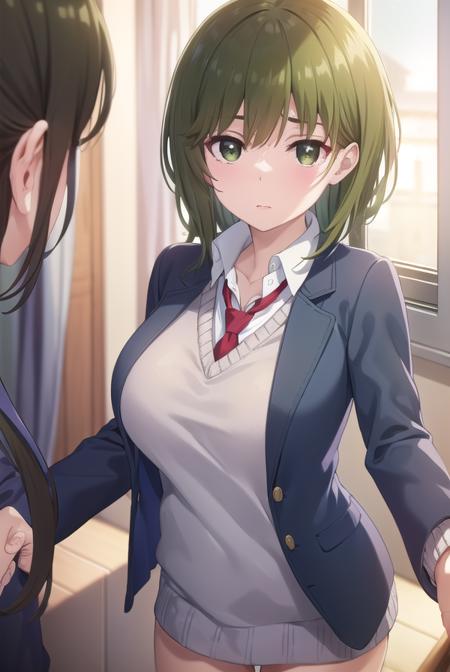 isanahigashira, <lora:isana higashira s1-lora-nochekaiser:1>,
isana higashira, short hair, bangs, (green eyes:1.3), green hair,
BREAK shirt, long sleeves, school uniform, jacket, white shirt, open clothes, necktie, sweater, open jacket, blazer, red necktie, grey sweater,
BREAK indoors, classroom,
BREAK looking at viewer, (cowboy shot:1.5),
BREAK <lyco:GoodHands-beta2:1>, (masterpiece:1.2), best quality, high resolution, unity 8k wallpaper, (illustration:0.8), (beautiful detailed eyes:1.6), extremely detailed face, perfect lighting, extremely detailed CG, (perfect hands, perfect anatomy),