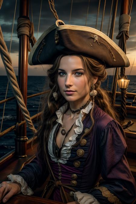 female pirate in flamboyant 1700s clothes, a tricorne hat, braless, perfect skin, seductive smirk,r0m4nt1cg0th, heavy makeup, on pirate ship  at night on high seas with moon in the background, high quality, high resolution, <lora:breastsizeslideroffset:-0.2> <lora:hair_length_slider_v1:.6> <lora:ip-adapter-faceid-plusv2_sd15_lora:1> <lora:muscle_slider_v1:.1> <lora:weight_slider-LECO-v1:-1>  <lora:bralessSD15_v1_00094:.5> <lora:more_details:0.5> <lora:r0m4nt1cg0th:0.4>
