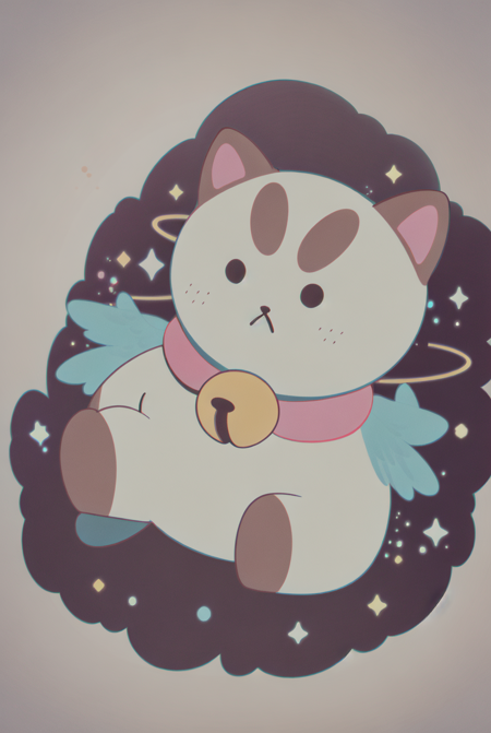 Puppycat,masterpiece, best quality,no humans, halo, wings, white background, simple background, solo, sitting, angel wings, angel, :<, full body, bell, cat, animal focus, stuffed toy, chibi <lora:Puppycat-10:1>