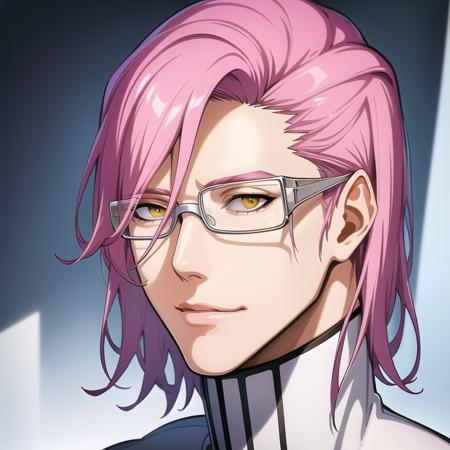 artstation, best quality, masterpiece, ultra detailed illustration, face portrait, <lora:Szayelaporro2:0.7>,  1man, young, slim, ((clean shaven)), Szayelaporro, pink hair, yellow eyes, thin lips, handsome attractive adult man, tall, slim, white glasses, solo, white turtleneck, handsome, highres