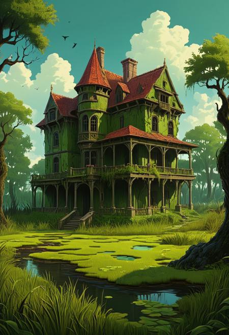 funny, complex scene, HD, Concept art,hd, 8k, masterpiece, award winning illustration of an abandoned mansion covered with grass in a swamp, dungeons and dragons style, fantasy, group of adventurers outside, intricate details, heroic fantasy, spooky,novuschroma51 style