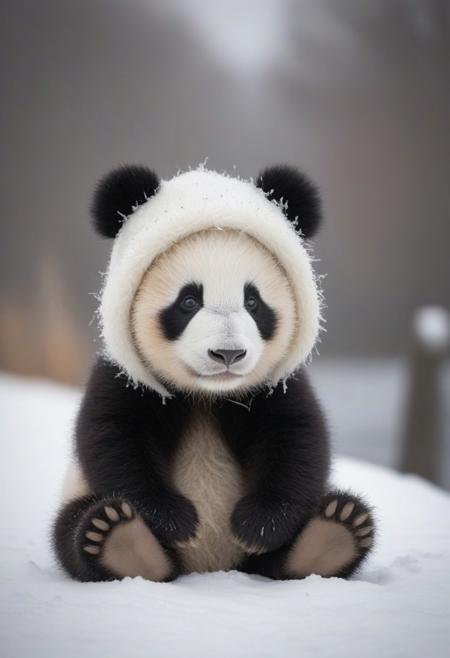 A close-up photo of an adorable Baby panda bear sitting on a snowy sidewalk, wearing a cozy winter hat with soft, fluffy ear flaps. The bear looks content and snug, with the winter landscape blurred in the background, creating a charming and warm contrast between the cold environment and the cozy appearance of the panda . The hat adds a cute and whimsical touch to the scene, making it perfect for a winter-themed setting.