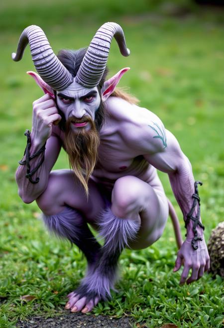 Handsome satyr demon man with lavender skin and curling purple horns, goat legs with lavender fur. Photograph 35mm.