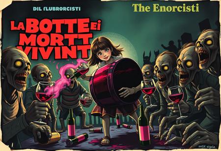 Create a vintage-style Italian horror-comedy poster for La Botte dei Morti Viventi (The Cask of the Living Dead), a playful sequel to The Enorcist. Set in a spooky 1970s Italian countryside, the poster should show the now-possessed little girl carrying her inseparable wine cask, joyfully sharing wine with a group of delighted zombies. These undead characters should have a humorous twist, with goofy smiles and wine glasses in hand, eagerly waiting for a pour.
The design should echo classic horror posters with bold, dramatic colors, dark shadows, and eerie lighting but with a satirical undertone. Include Italian text for authenticity, using retro 70s typography. Show the girl pouring wine from the cask with a ghostly glow or red wine-colored mist emanating from it. Add small, fun details like wine bottles scattered around, some broken, and happy zombie faces with purple wine-stained lips. For extra effect, age the poster with tears, faded colors, and a slightly rotten, crumpled paper look, as if it has been plastered on a wall since the 70s.