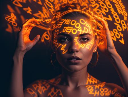 a woman with her hands on her head, glowing digital runes, trending on 5 0 0 px, amber and chaos, diffusion light, equations, portrait featured on unsplash, interconnected human lifeforms, liquid translucent amber, fractal skin, orange lighting, light art, unsplash, trending on artstattion, anamorphic film, an epic non - binary model,  <lora:abstractor_yiu_v10:0.5>