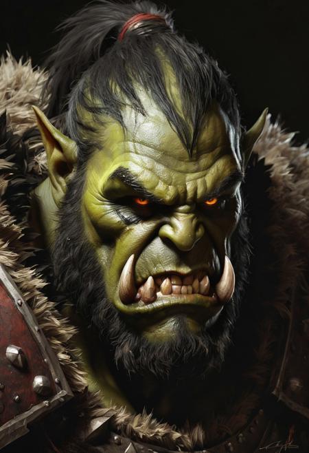 Warcraft Orc, Black over black, top light, masterful painting in the style of Anders Zorn | Marco Mazzoni | Yuri Ivanovich, Todd McFarlane, oil on canvas